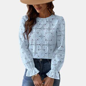 Women's Long Sleeve Embroidered Floral Eyelet Blue Blouse Shirt - Cupshe - Large
